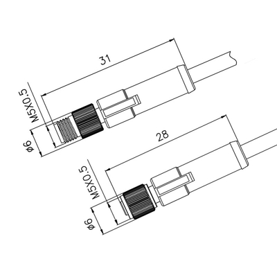 케이블 조립을 성형하는 M5 방수 3 핀 수 암놈 커넥터 왼쪽 / 직각